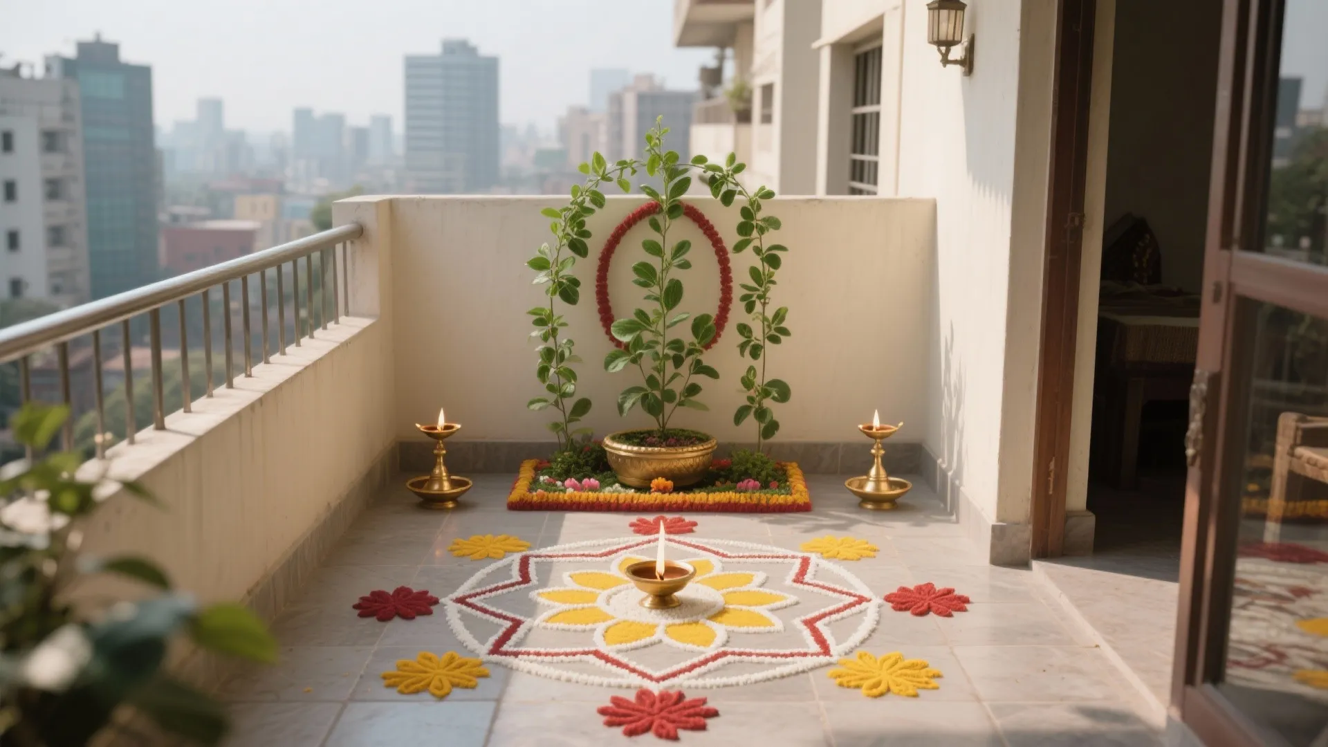 Modern balcony featuring green plant display with floor decorations and oil lamps against city view