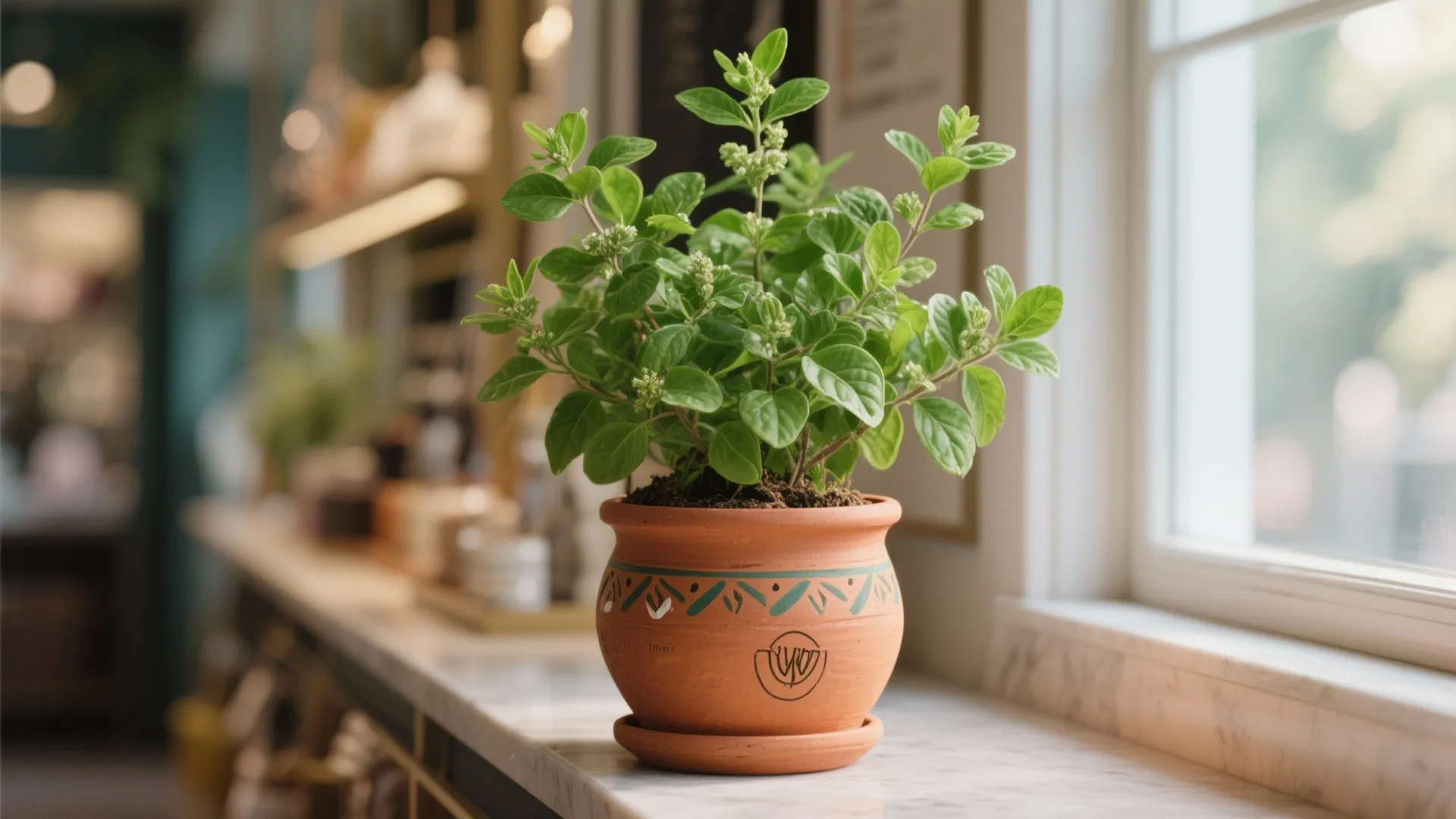 Green leafy plant in a small clay pot sitting on a white marble window ledge