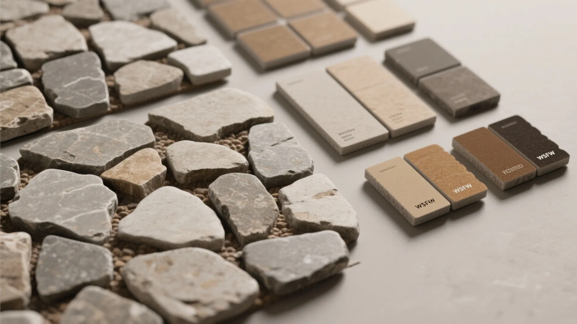 Natural stone floor tiles and small square ceramic samples displayed for interior home design planning