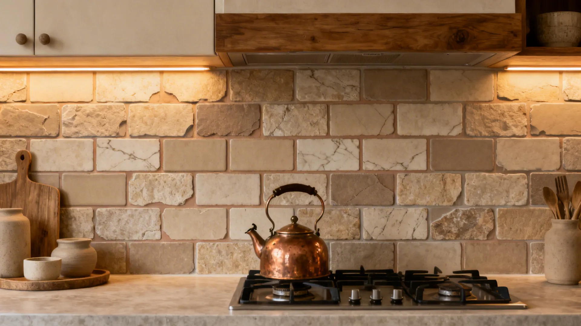 Tumbled stone-look porcelain backsplash with warm grout under soft LED lighting in a small kitchen.