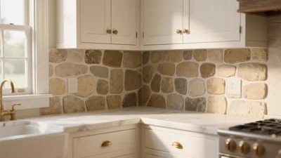 Rustic Stone Backsplash Kitchen with White Cabinets