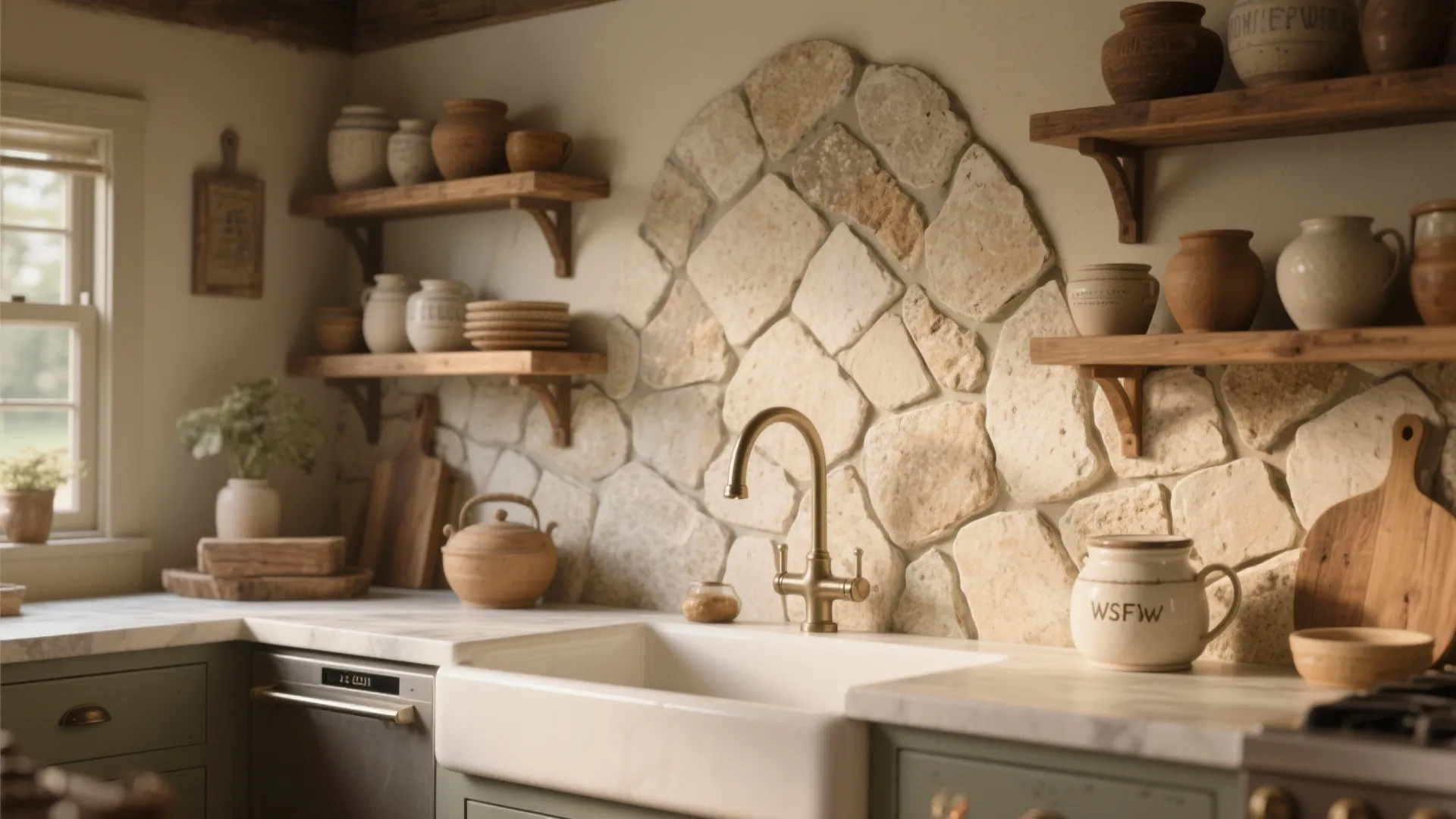 4. Tumbled Travertine for a Rustic, Cozy Kitchen