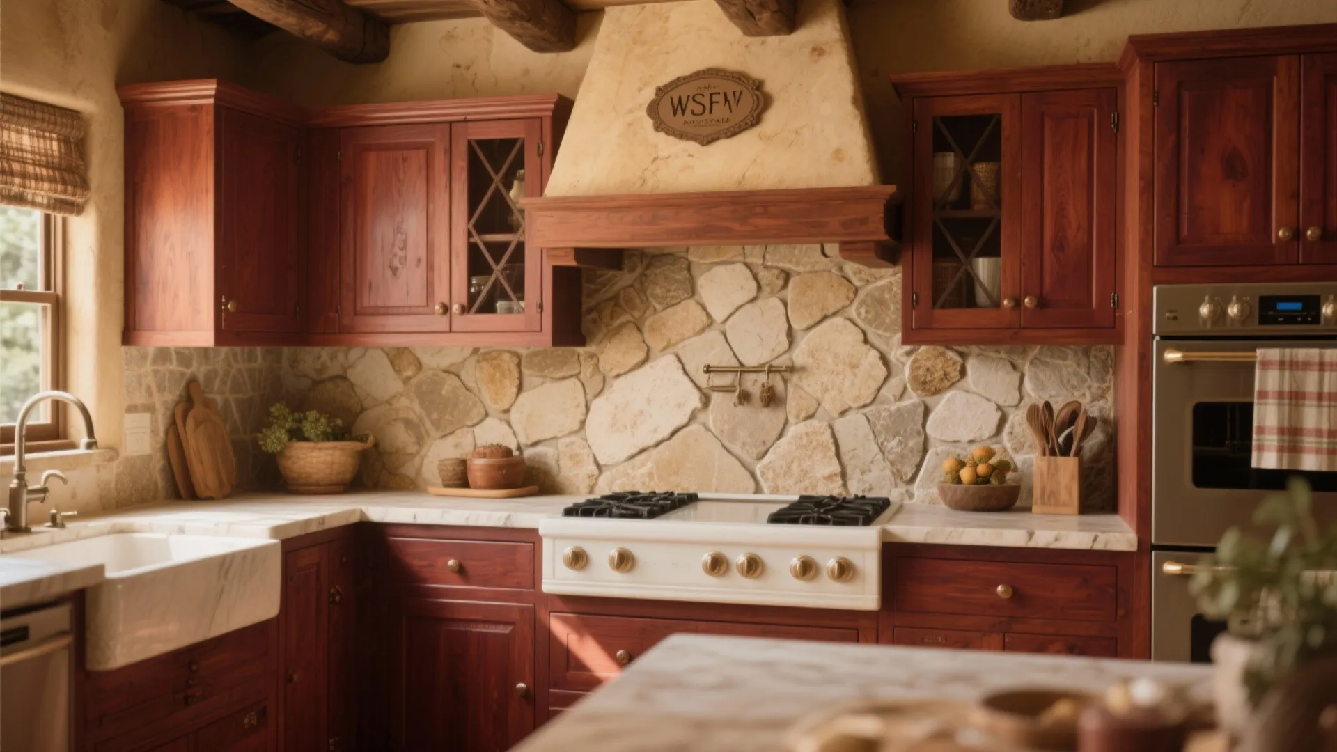 Rustic kitchen with dark wood cabinets, stone wall, white stove, farmhouse sink, and ceiling beams