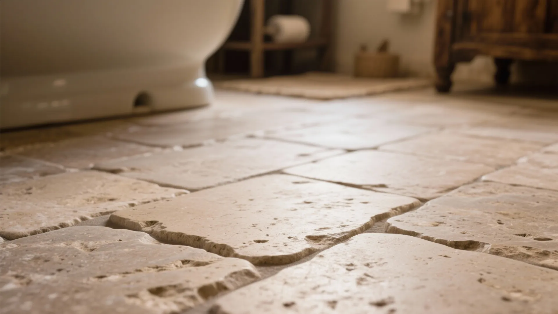 Close-up of textured stone floor tiles in a bathroom with sunlight and a white bathtub