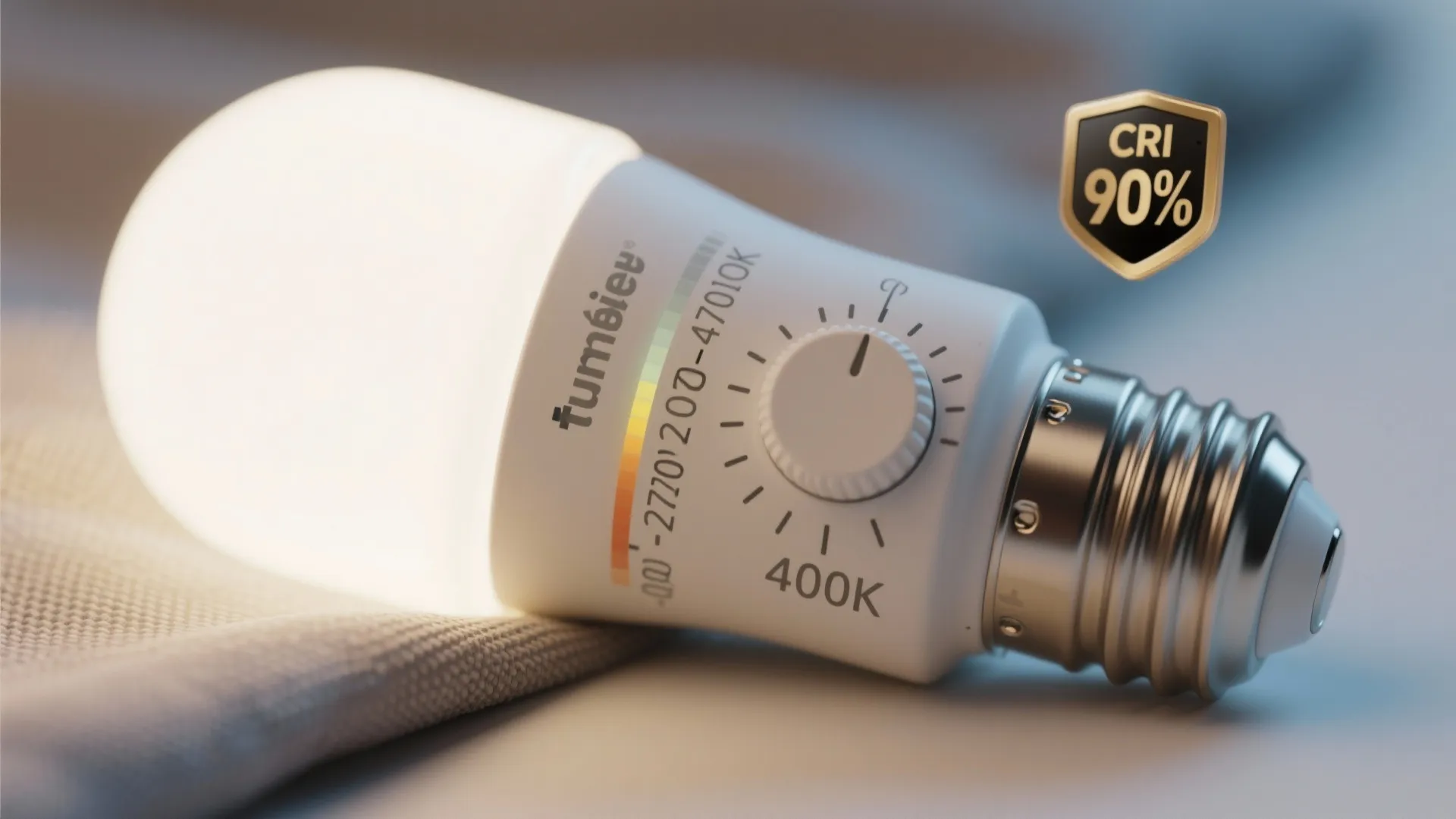Adjustable smart LED light bulb with temperature dial and high CRI rating on soft fabric