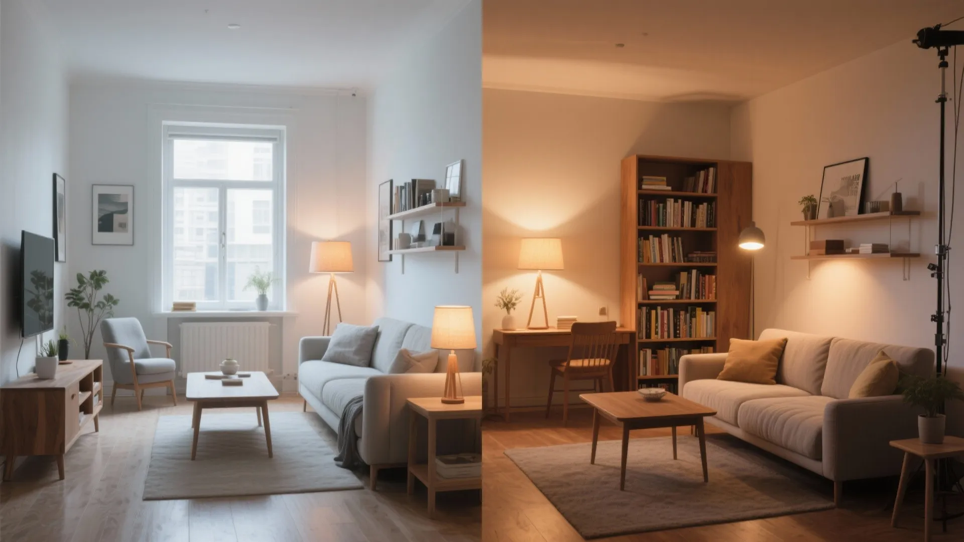 Side by side comparison of a living room showing cool white light versus warm yellow