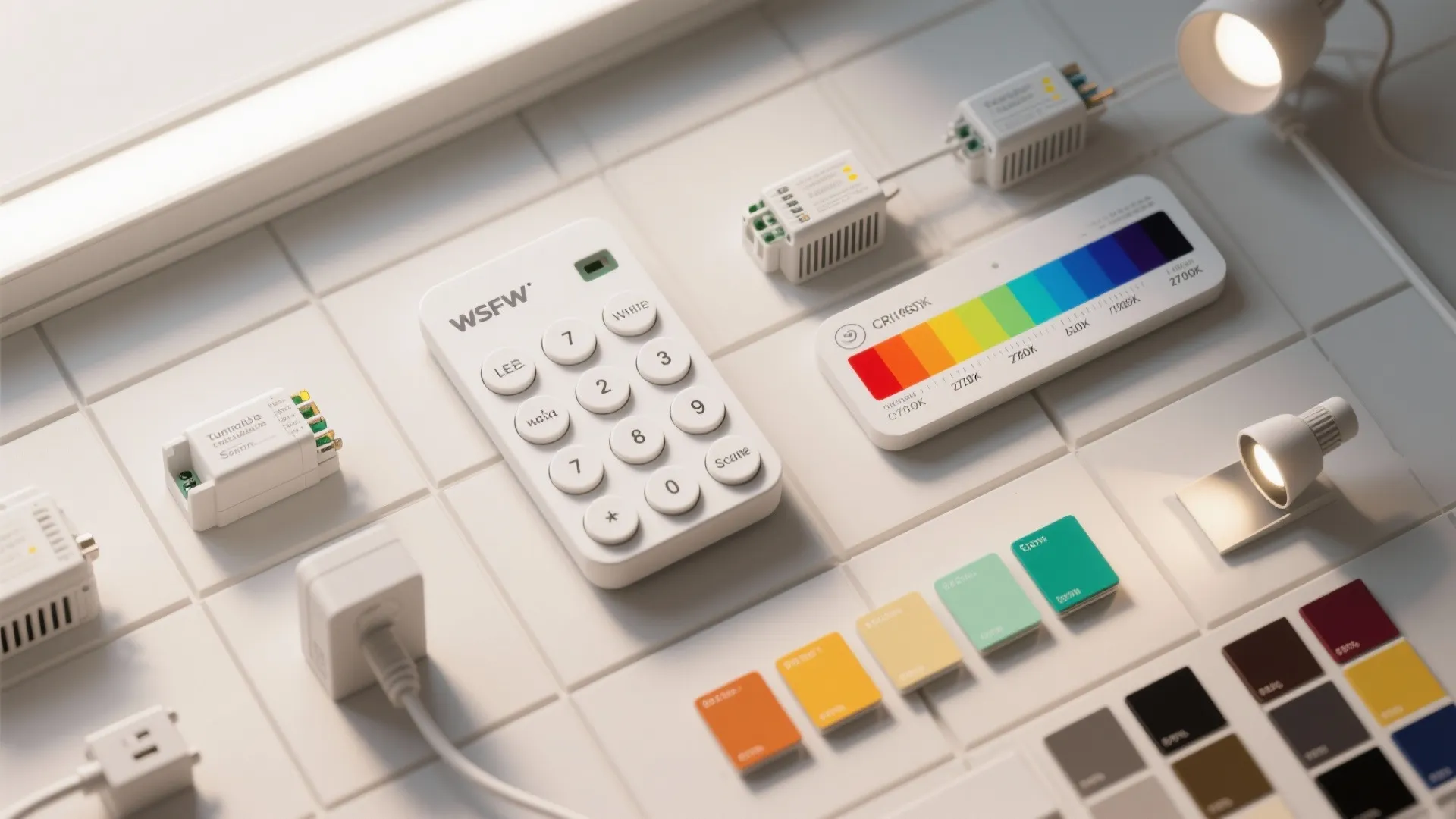 Smart lighting control components including a remote color temperature strip light fixtures and colorful swatches