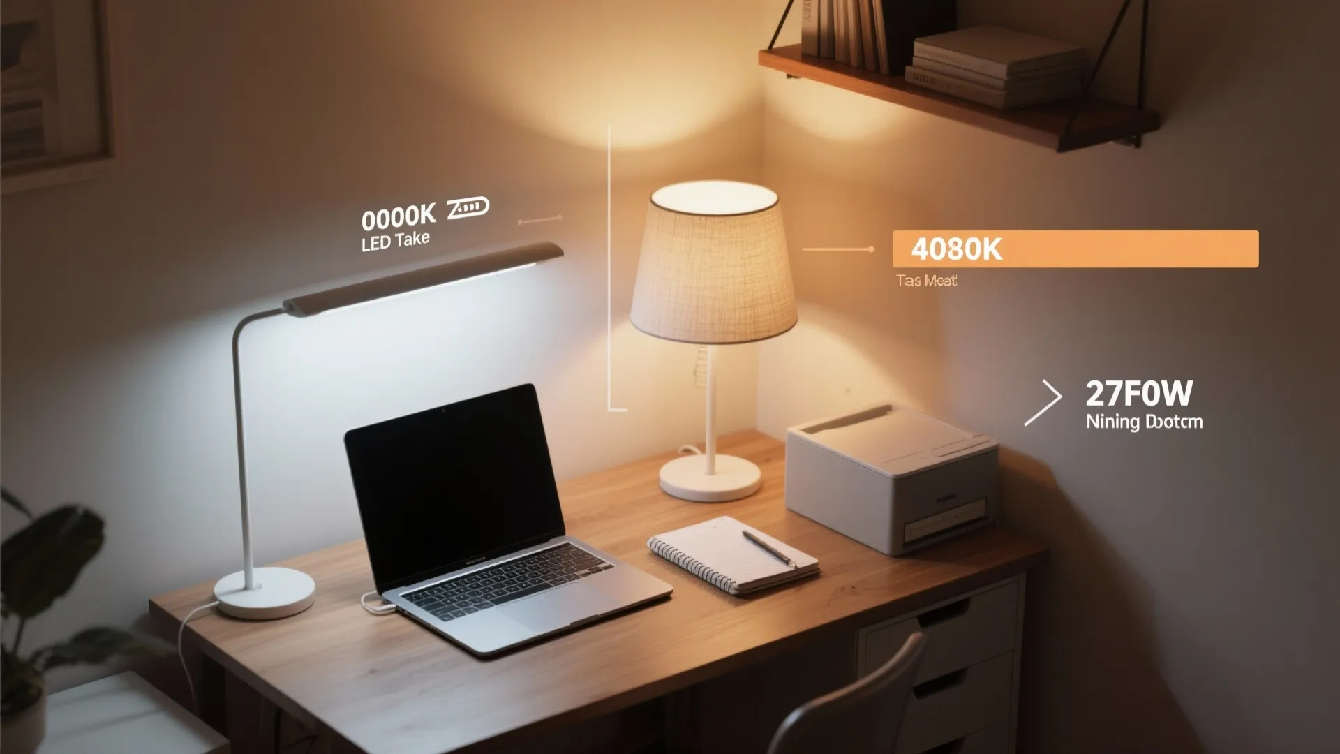 Top-down desk view with a table lamp demonstrating 4000K task light and 2700K evening light.