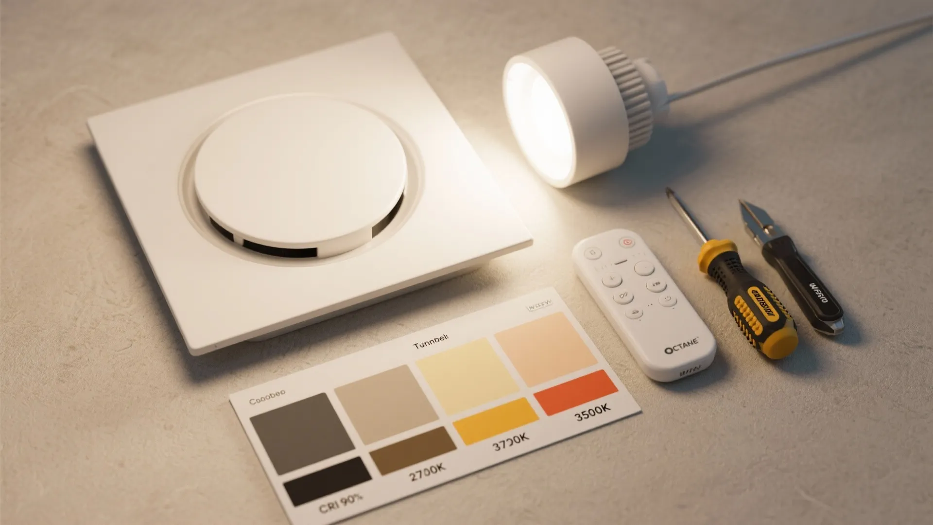 White smart ceiling light fixture with remote control and color chart on a grey surface