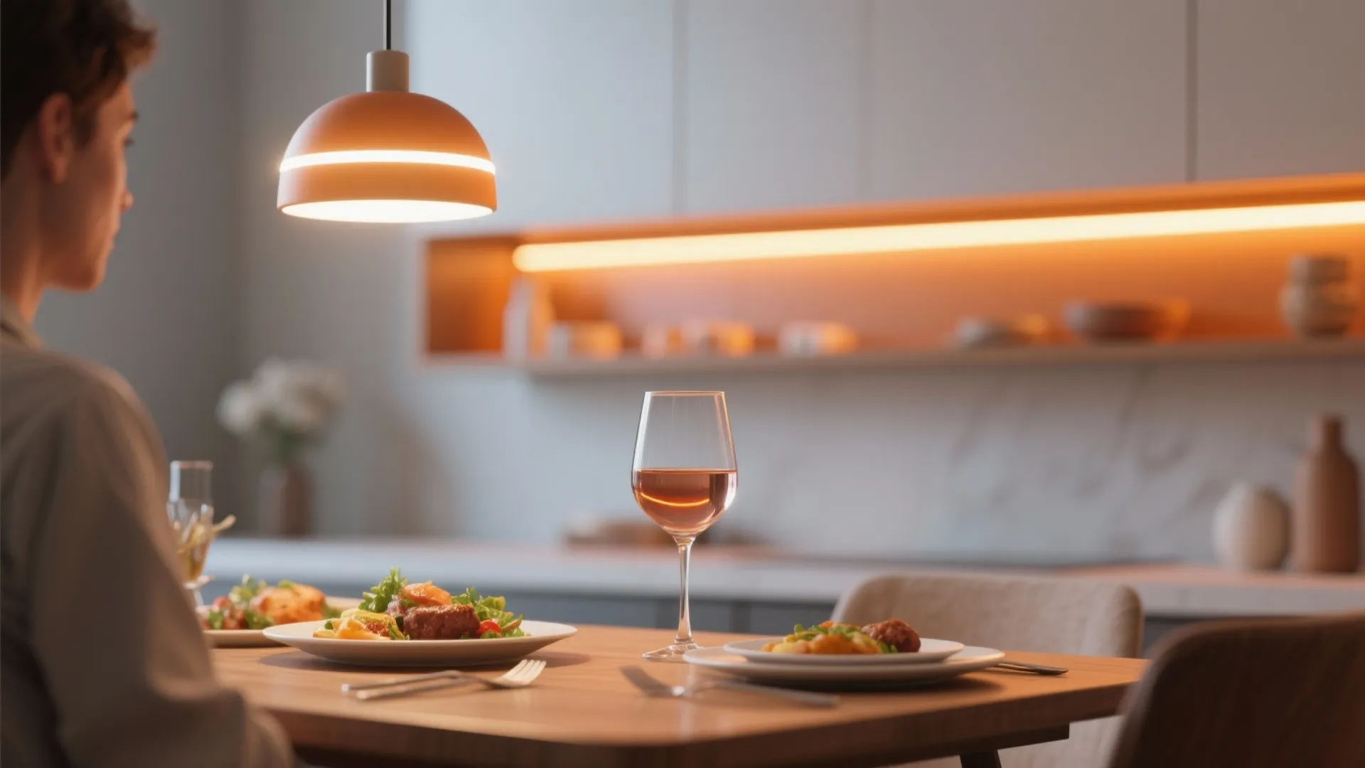 Dining table with plates of food and wine glass under a warm orange ceiling light