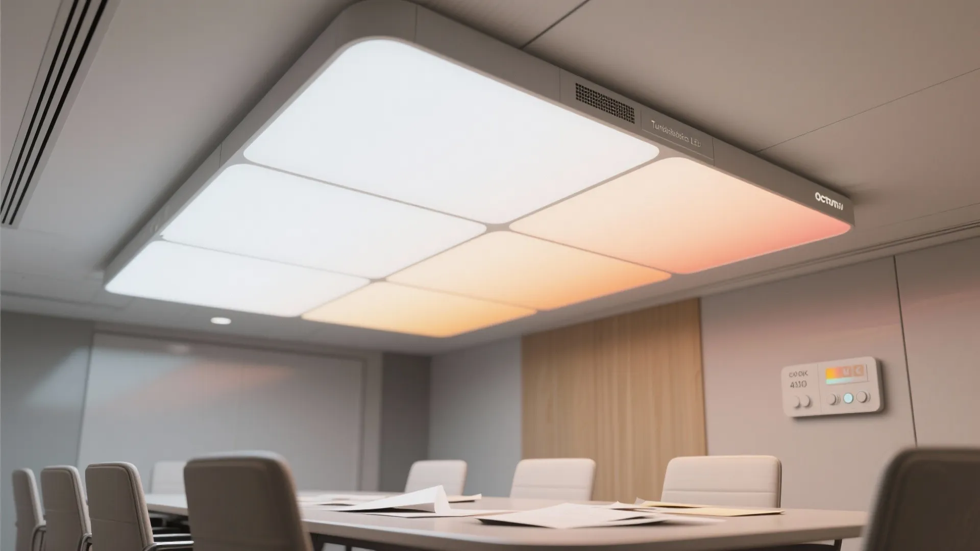 Integrated tunable LED panel over a table showing neutral and warm light rendering of printed samples.