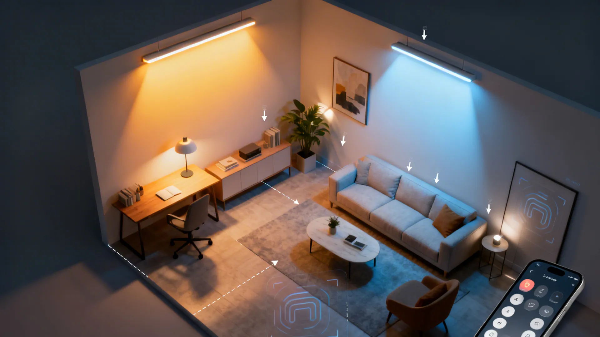Top-down lighting plan illustrating tunable LED zones and layered lighting for a small living room.