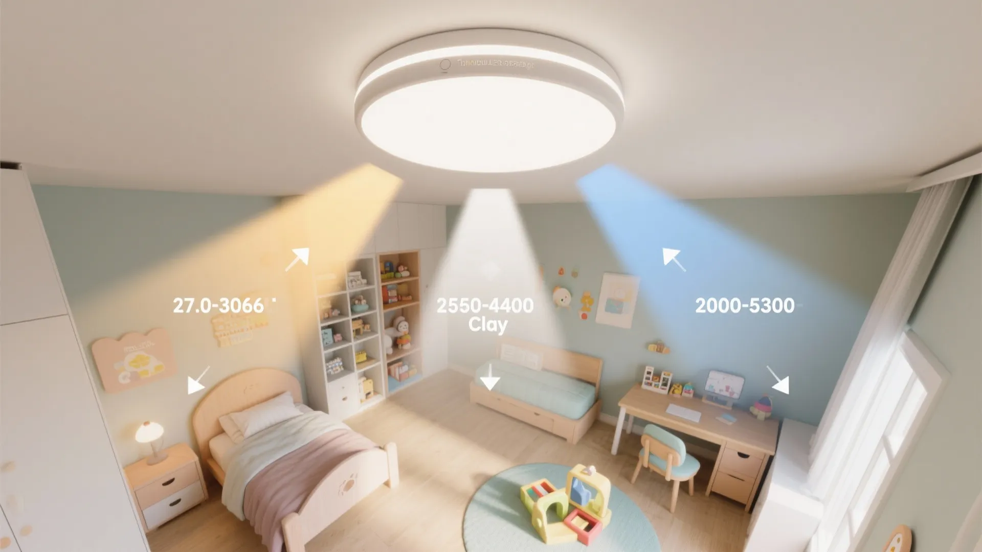 Round ceiling light in a kids bedroom showing different warm and cool white light tones