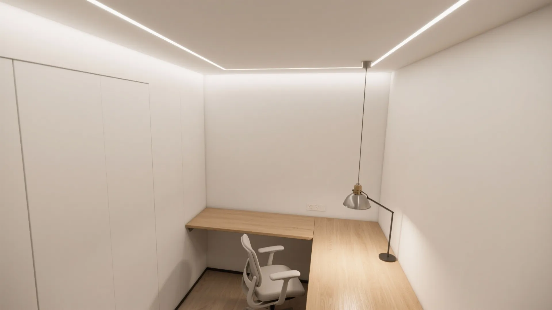 Minimalist home office featuring wooden desk, grey chair, and built-in white strip lighting on ceiling
