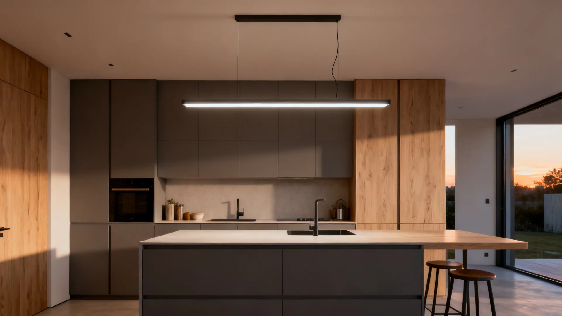 Slim tunable white linear pendant over a kitchen peninsula with microprismatic lens and clean sightlines.