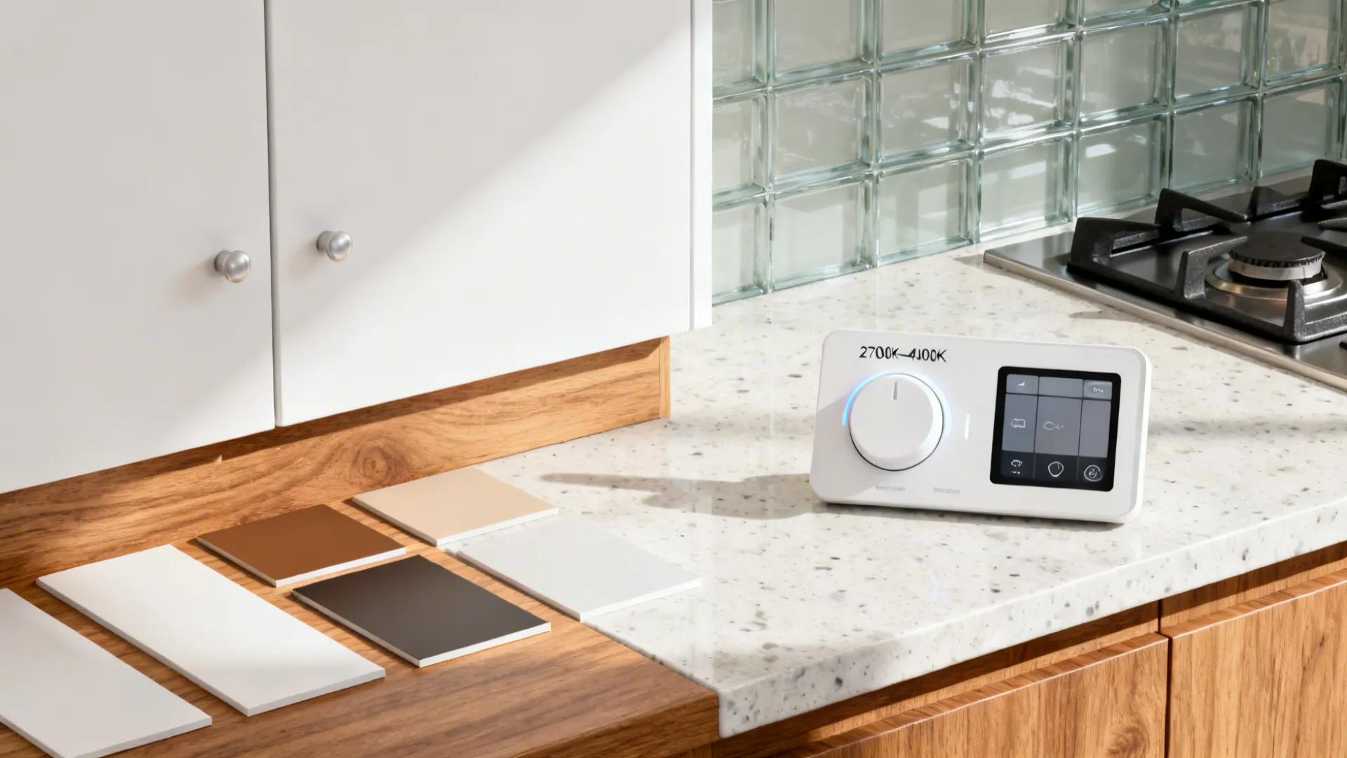 Flat lay of kitchen finishes with smart dimmer and CCT control showing 2700K to 4000K range.