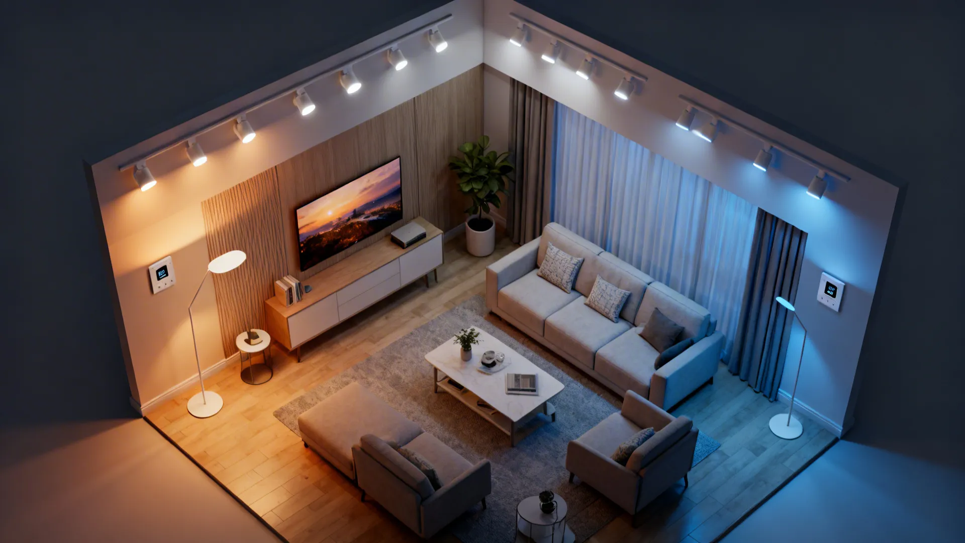 Top-down tunable lighting plan showing adjustable warm and cool zones in a living room.