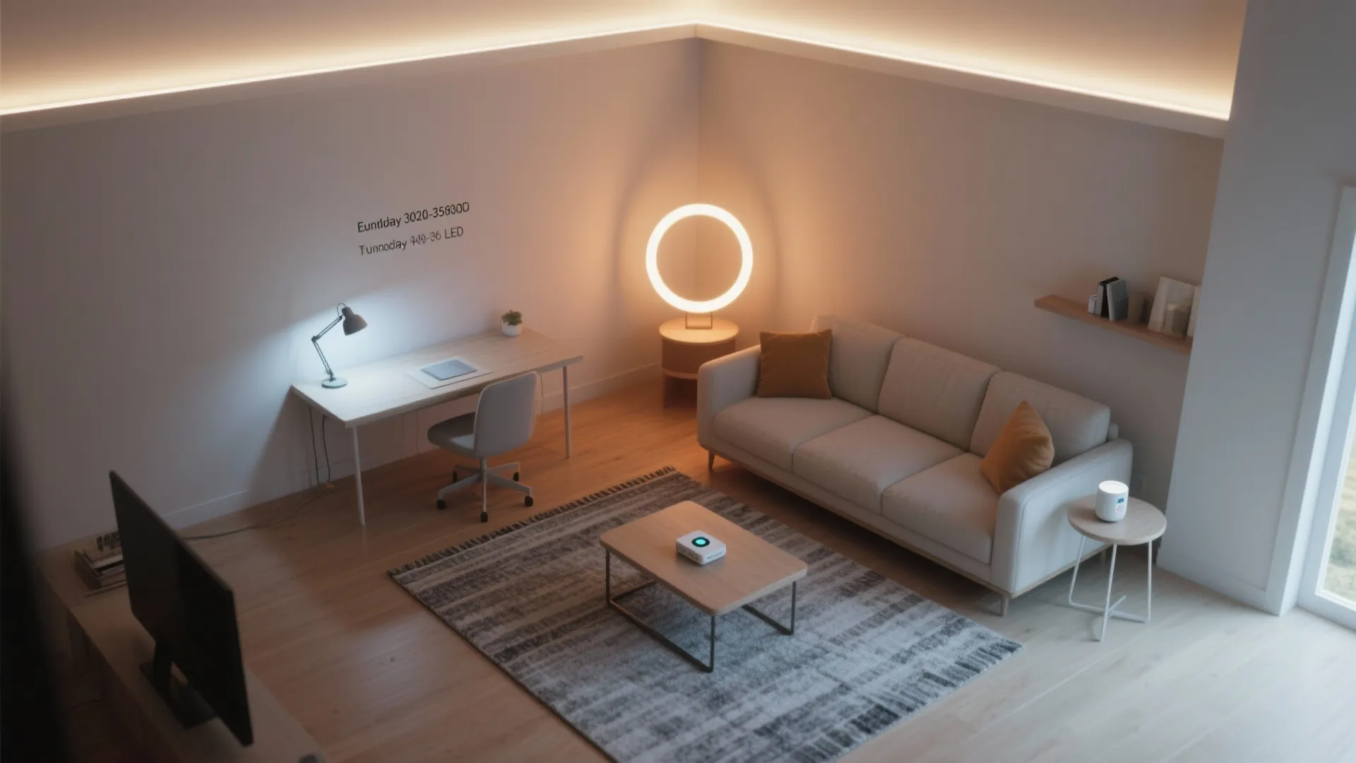 Modern studio apartment featuring white sofa desk chair coffee table rug and adjustable warm lighting