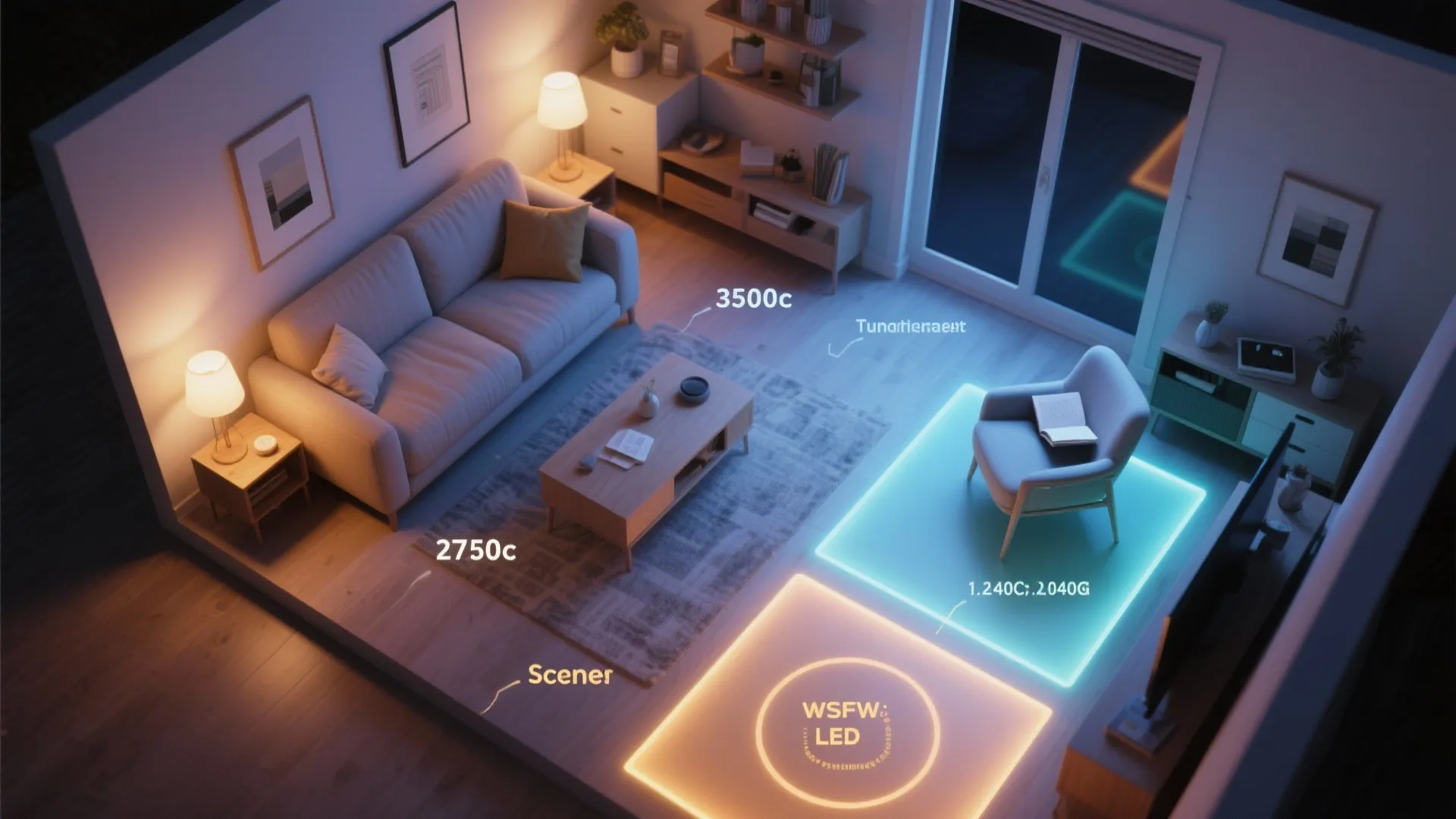 Top-down view of tunable LED scenes with warm, neutral, and cool zones in a small living room.