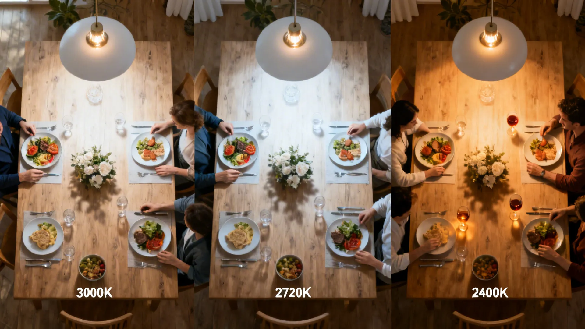 Top-down sequence of a dining table under tunable LEDs at 3000K, 2700K, and 2400K.