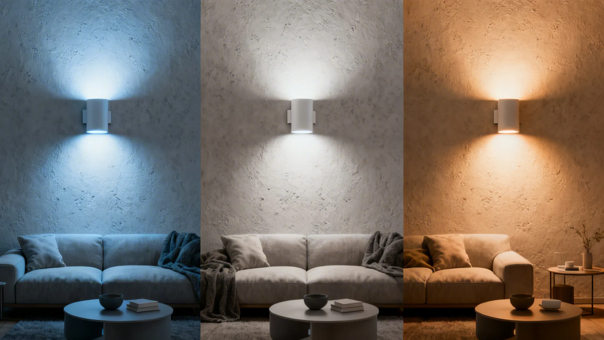 Three-state composite showing dimmable tunable-white LED sconces shifting from cool to warm light