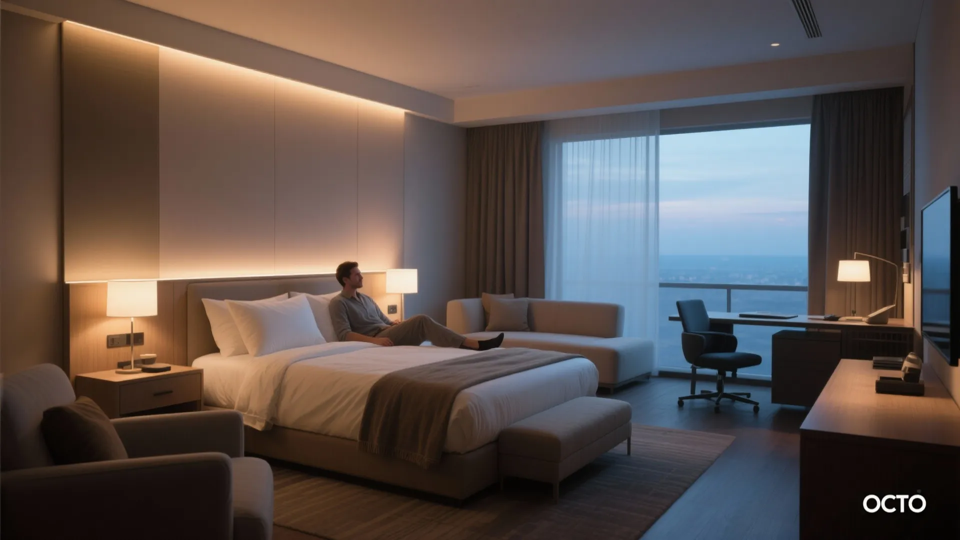 Hotel suite demonstrating tunable-white lighting with warm relaxation and cooler work zone lighting.