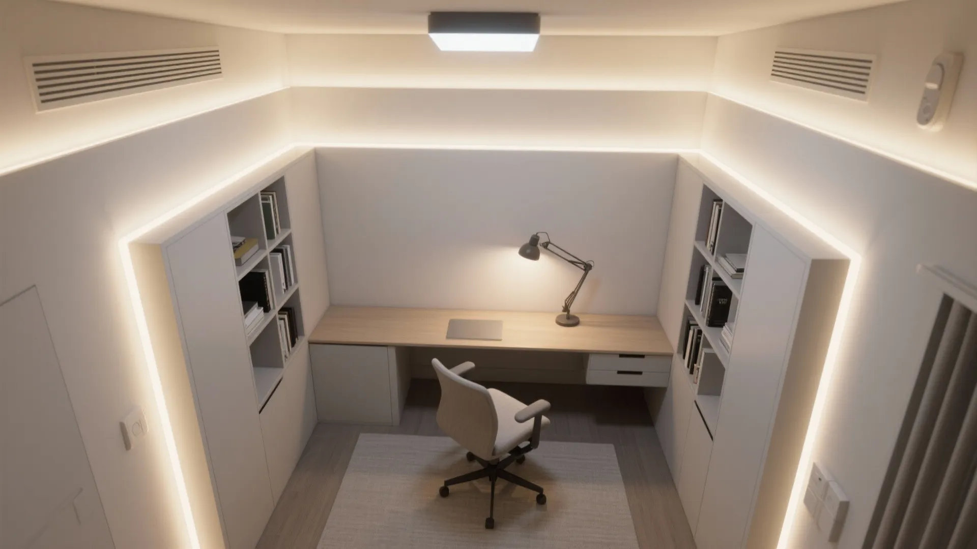 Top view of home office with desk, chair, white cabinets, and warm wall light strips