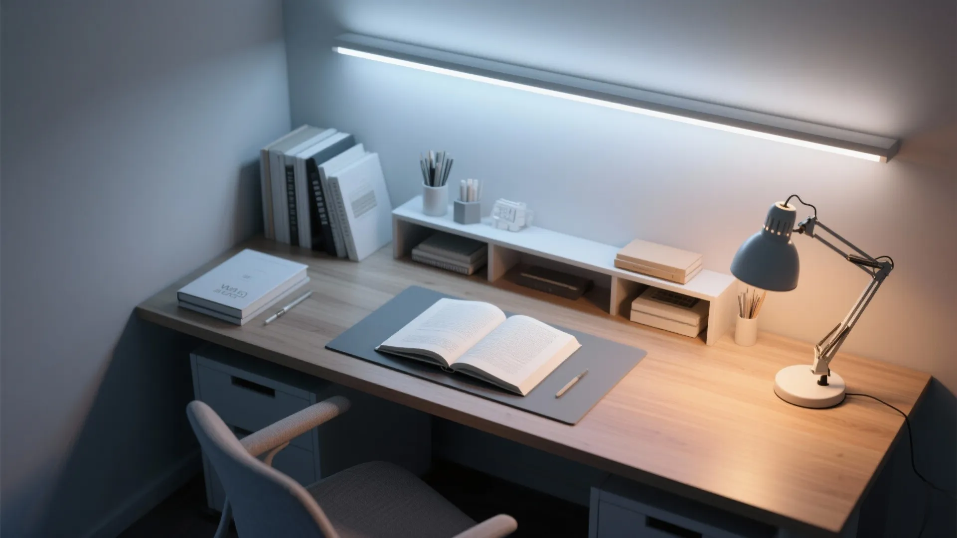 Modern wooden desk featuring wall light fixture and lamp showing warm and cool white lighting