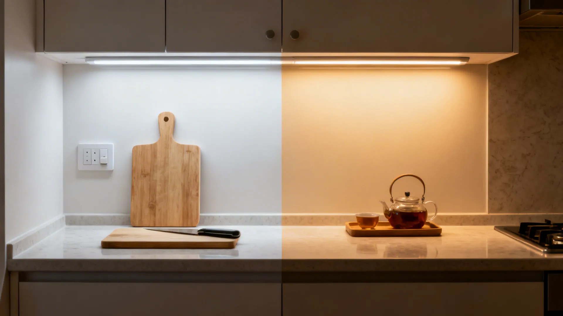 Split view of tunable under cabinet lighting at 4000K and 2700K on the same counter.