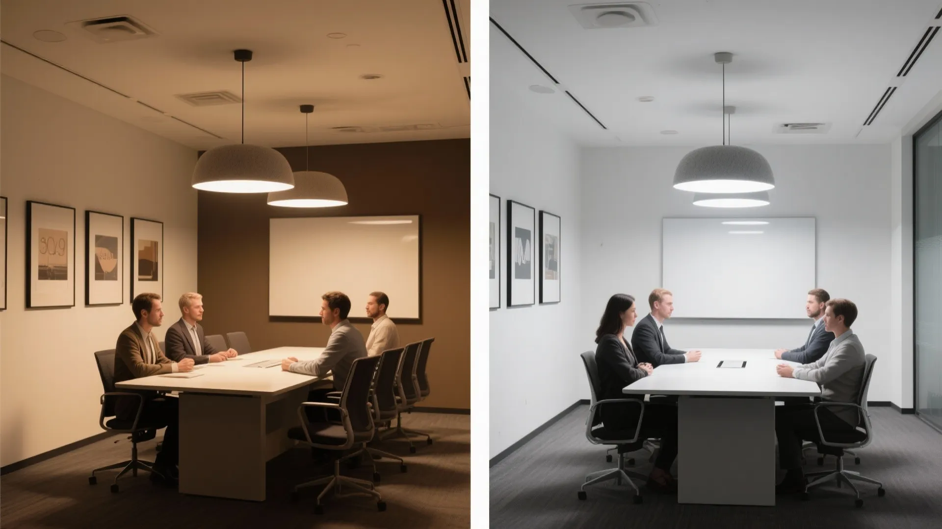 Side-by-side comparison of a meeting room with warm yellow lighting and cool white lighting effects