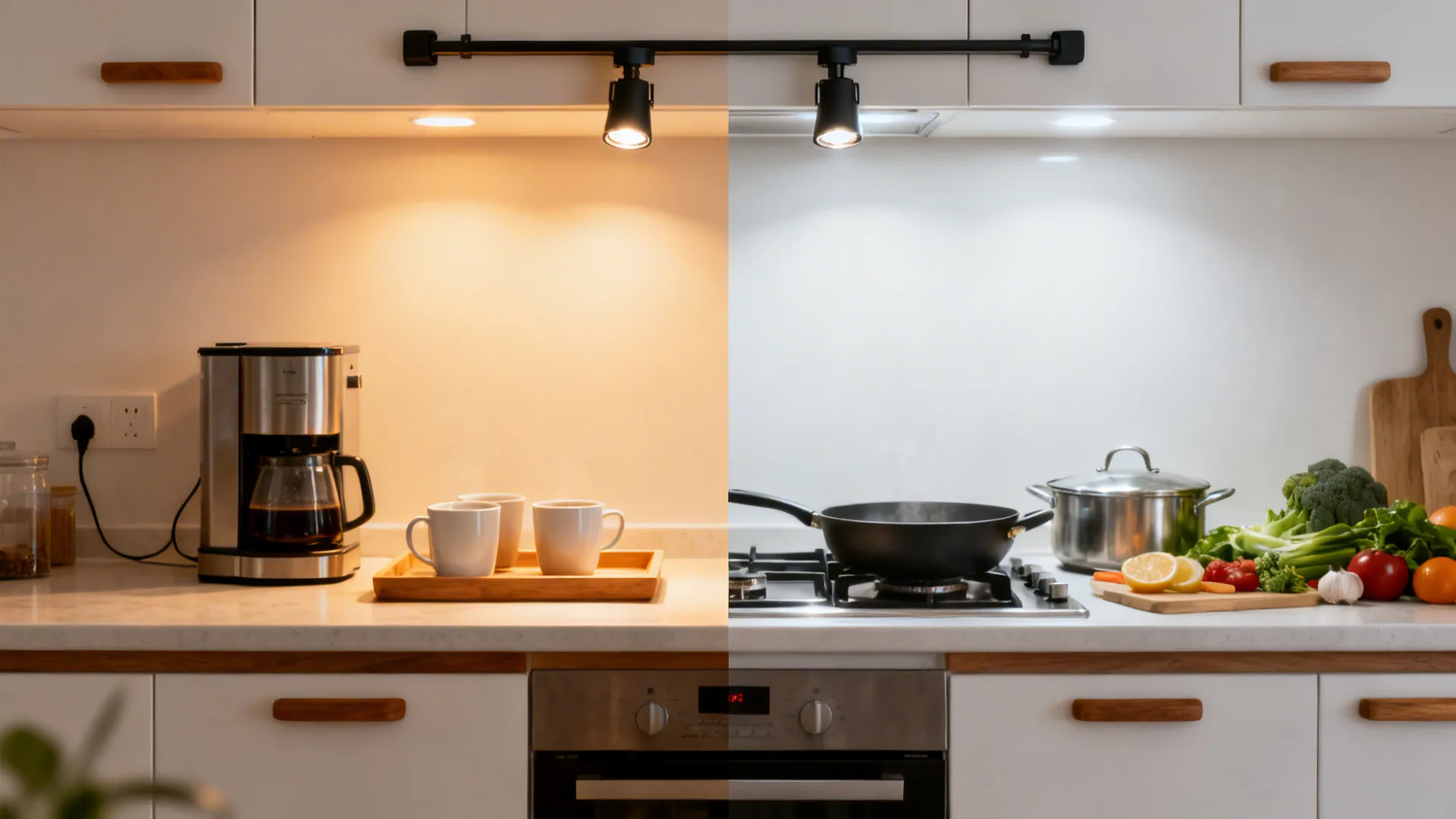 Split view of a kitchen with warm 2700K morning light on one side and neutral 3500–4000K task light on the other.