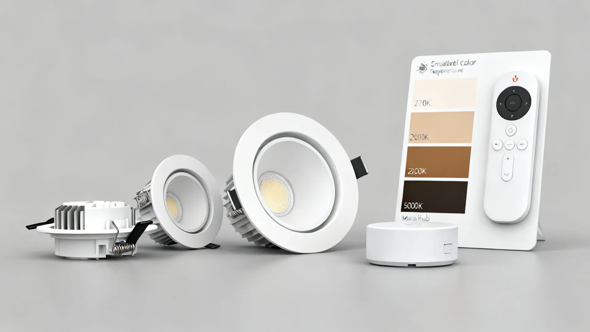 Flatlay of smart tunable white recessed fixture components and color temperature swatches from warm to cool.
