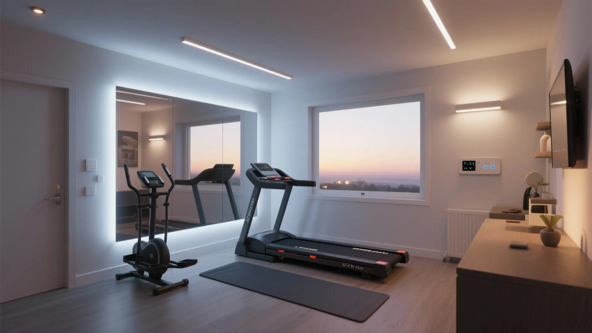 Compact gym with tunable white lighting, cooler AM scene and warmer PM scene for recovery.