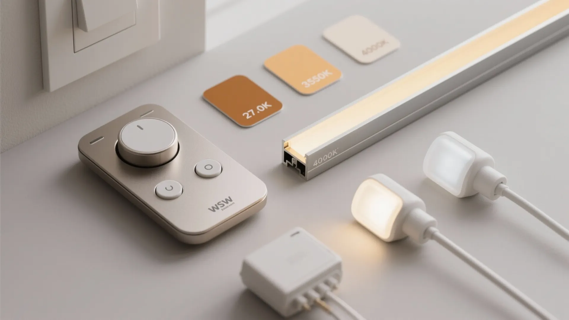 Smart light fixture control kit with remote dial and various led color temperature samples shown