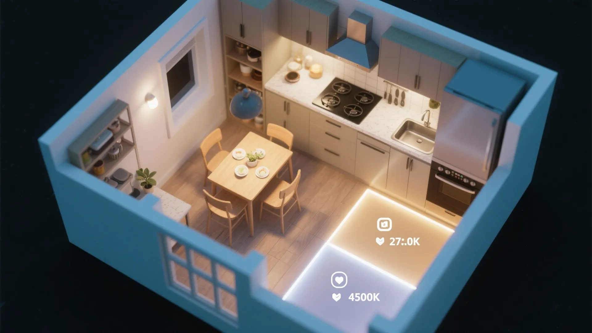 Interior design drawing showing kitchen room layout with warm and cool light color temperature zones