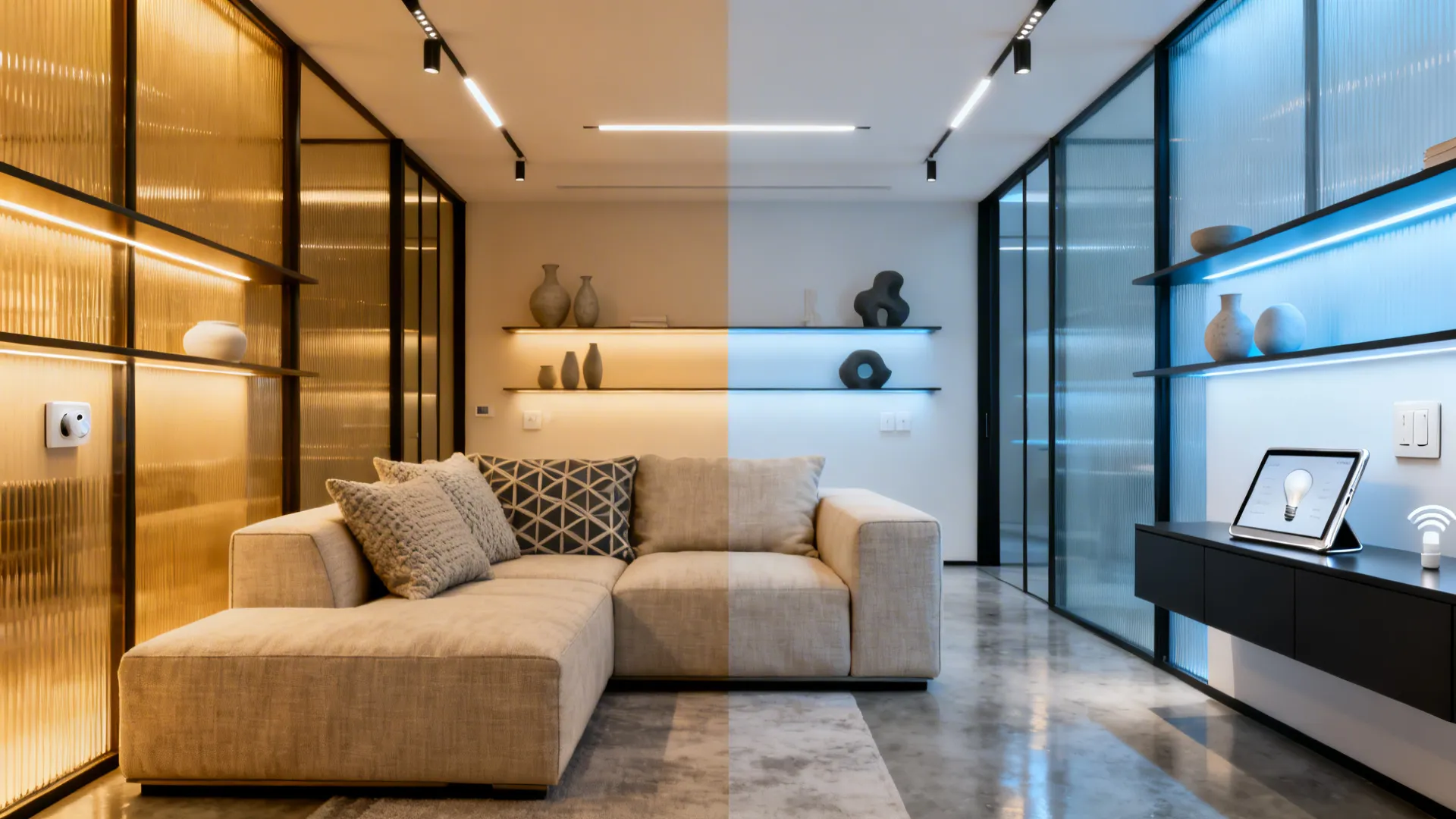 Living room demonstrating tunable white lighting with a tablet controlling warm and cool presets.