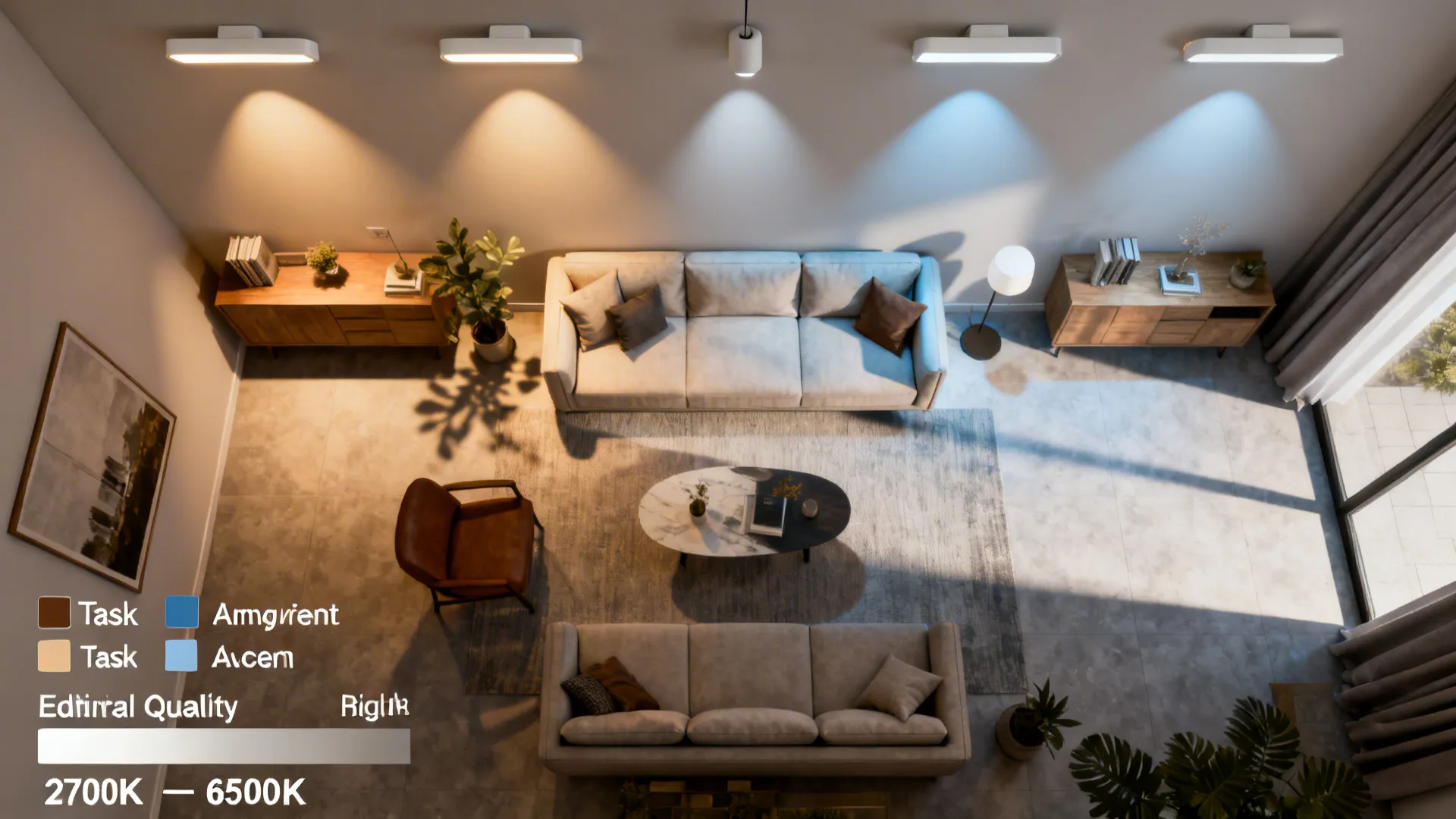 Top-down lighting mock-up illustrating tunable white zones in a living room.