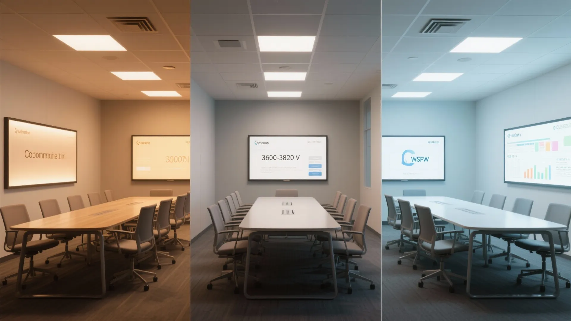 Comparison showing three different lighting color temperatures in a modern office meeting room with tables