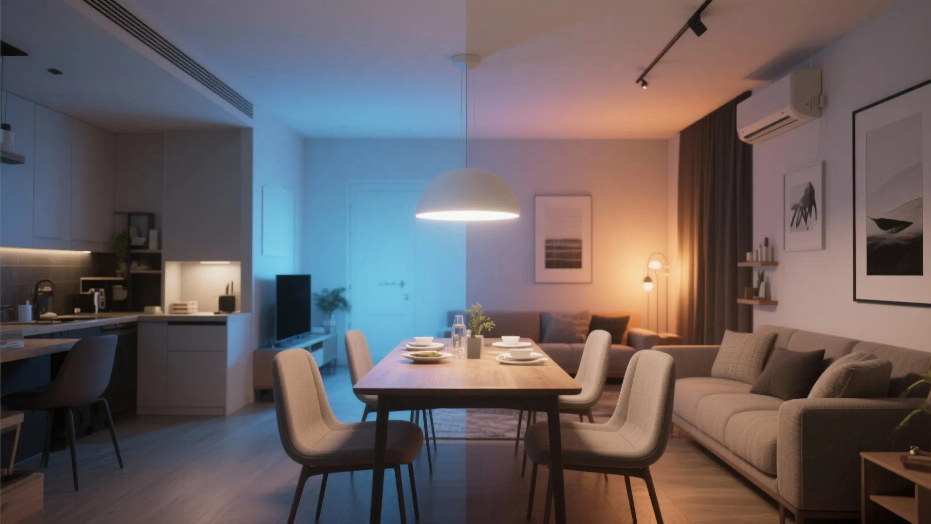Comparison of cool blue and warm orange lighting in a modern dining and living room