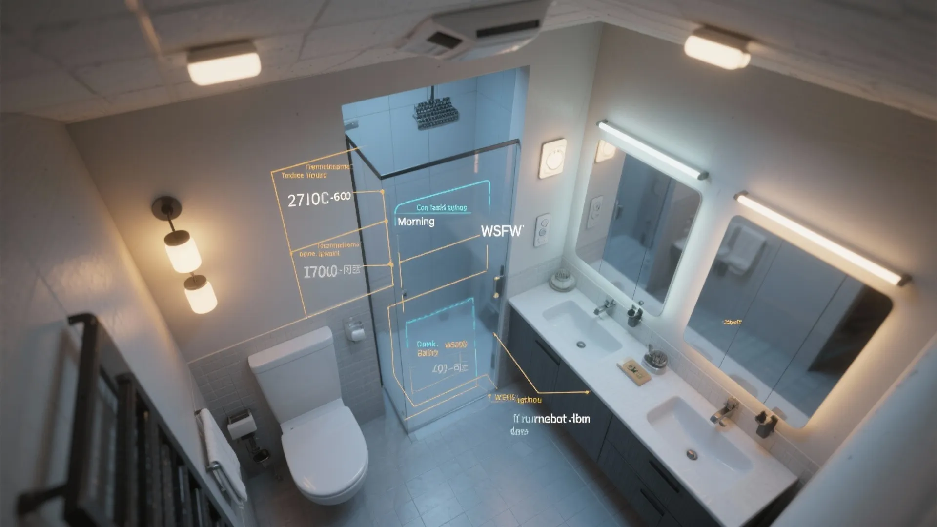 Top view interior design drawing showing bathroom layout with shower toilet and double sink light plan