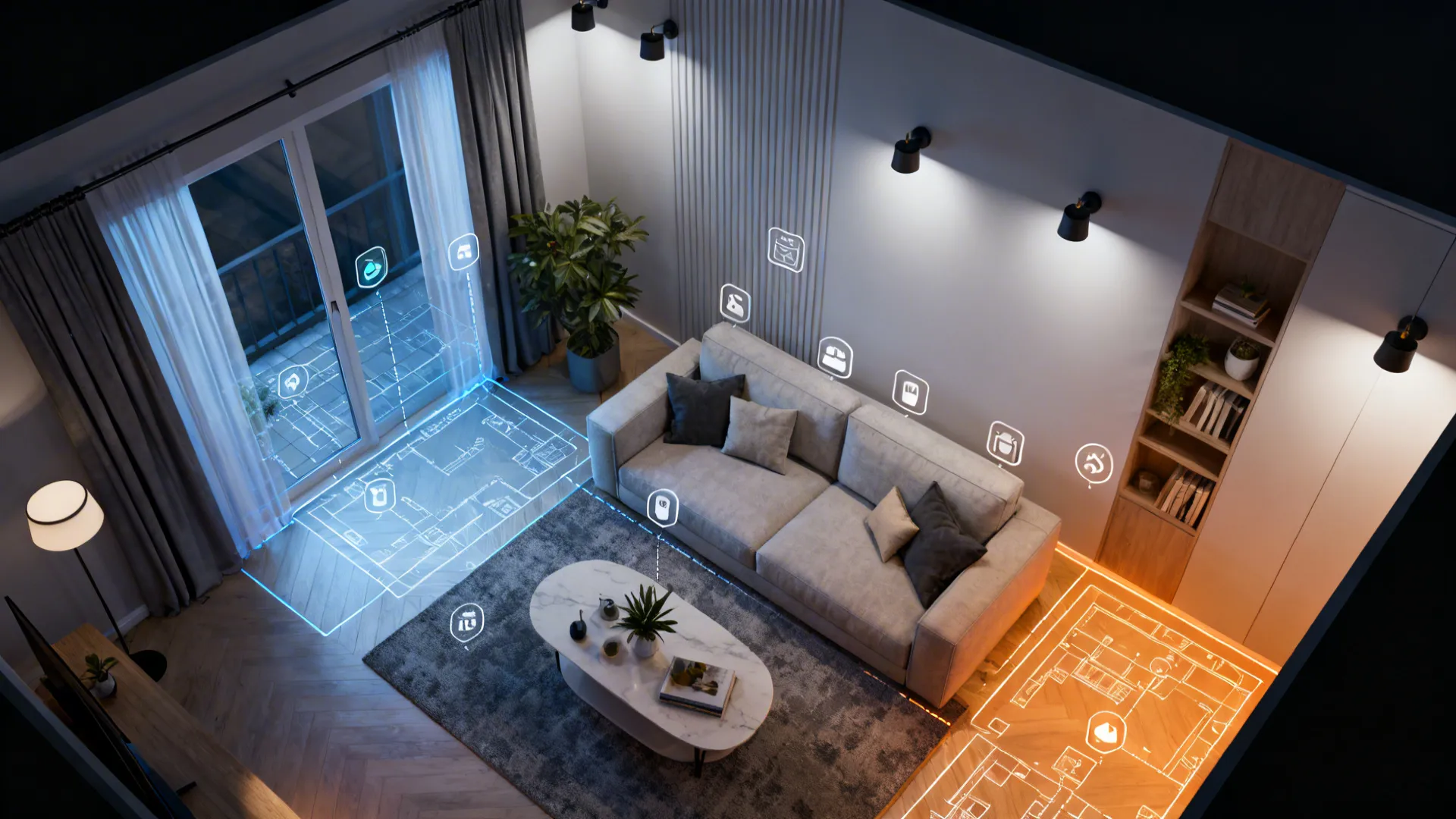 Top-down visualization of a living room showing tunable white lighting zones and temperature gradients.