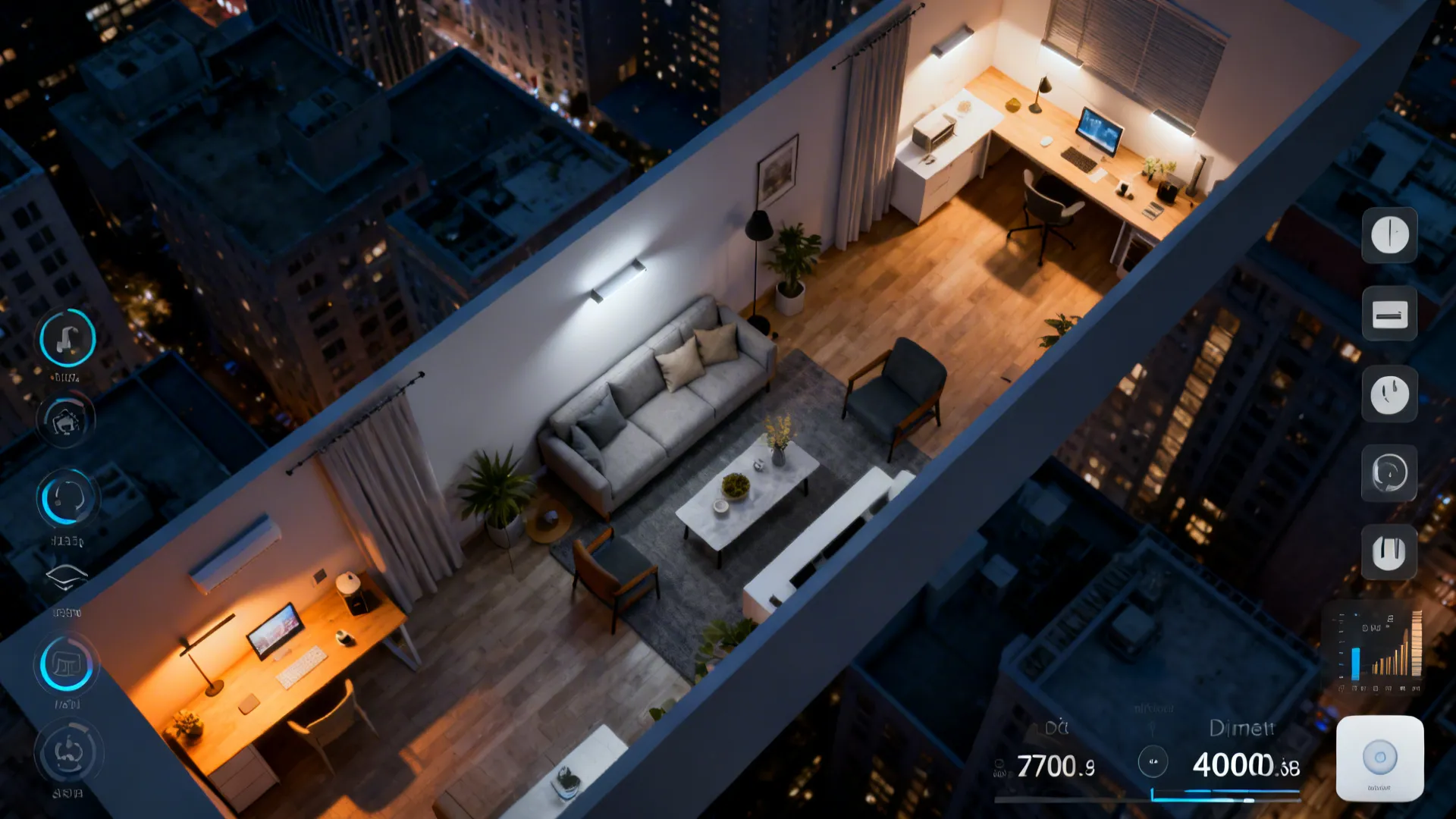 Top-down room plan showing zones with tunable white lighting and dimmer controls.