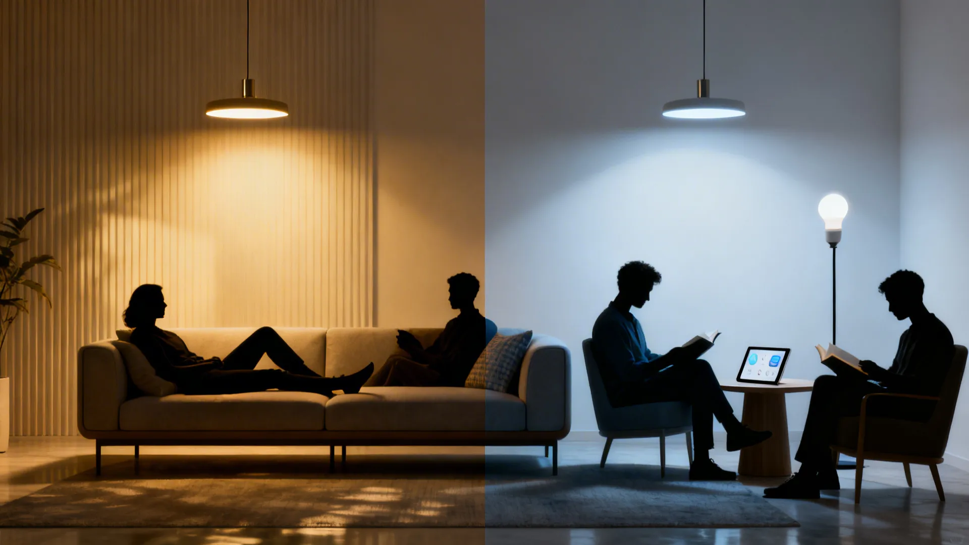 Living room split showing warm 2700K and cool 5000K lighting to illustrate tunable white bulbs