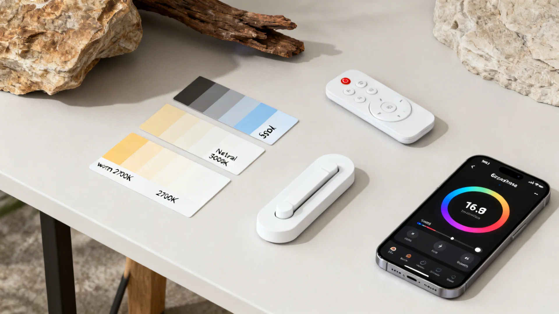 Flatlay of LED color temperature swatches, smart controller and app for tunable white lighting.