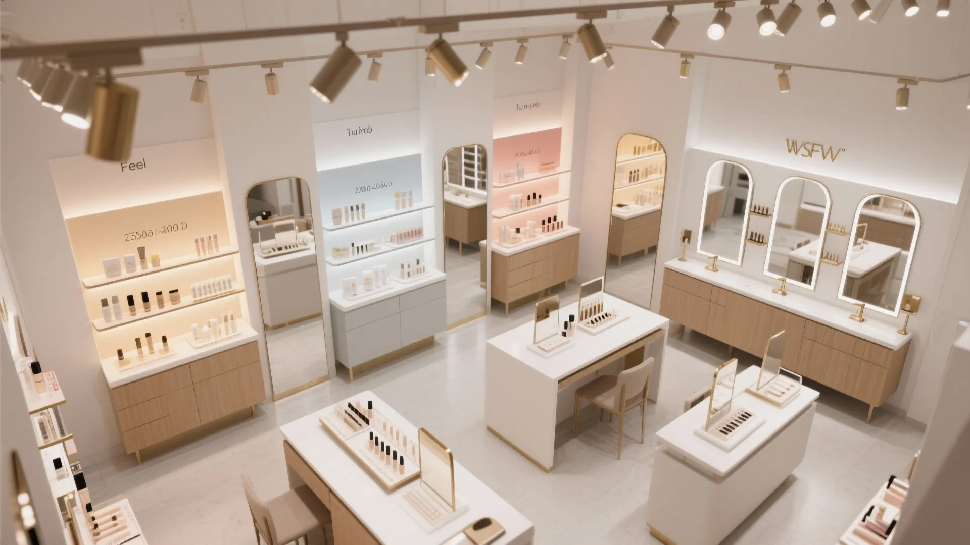 Bright makeup store interior design with colorful display zones mirrors wooden cabinets and ceiling lights