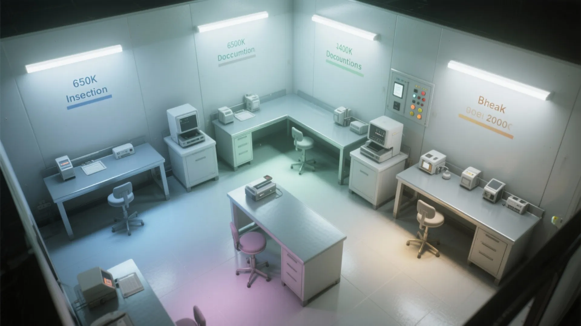 Top-down view of tunable white zones with 6500K, 4000K, and 3000K presets in a clean room.