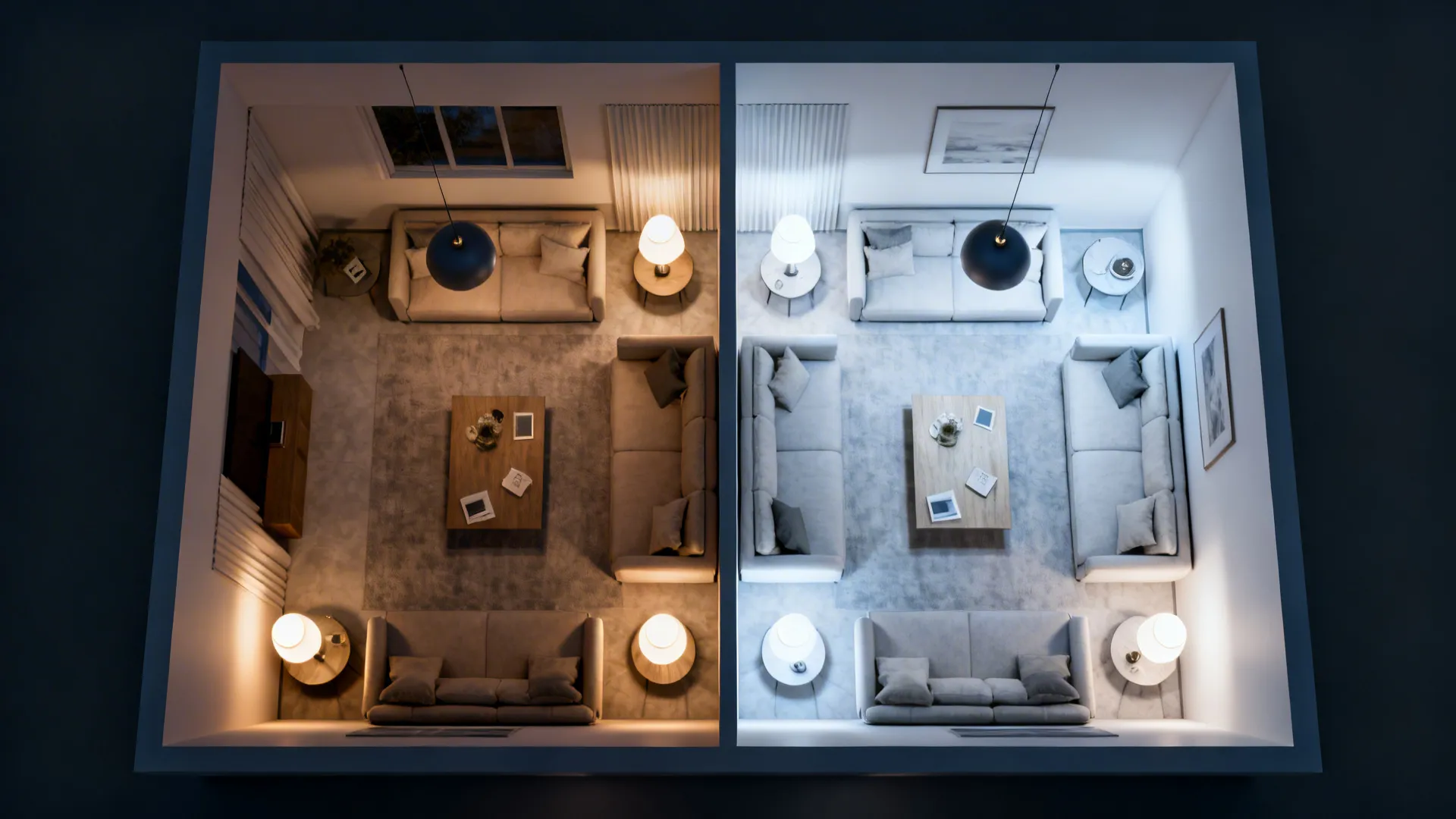 Comparison of a living room layout with warm yellow lighting versus cool white light zones