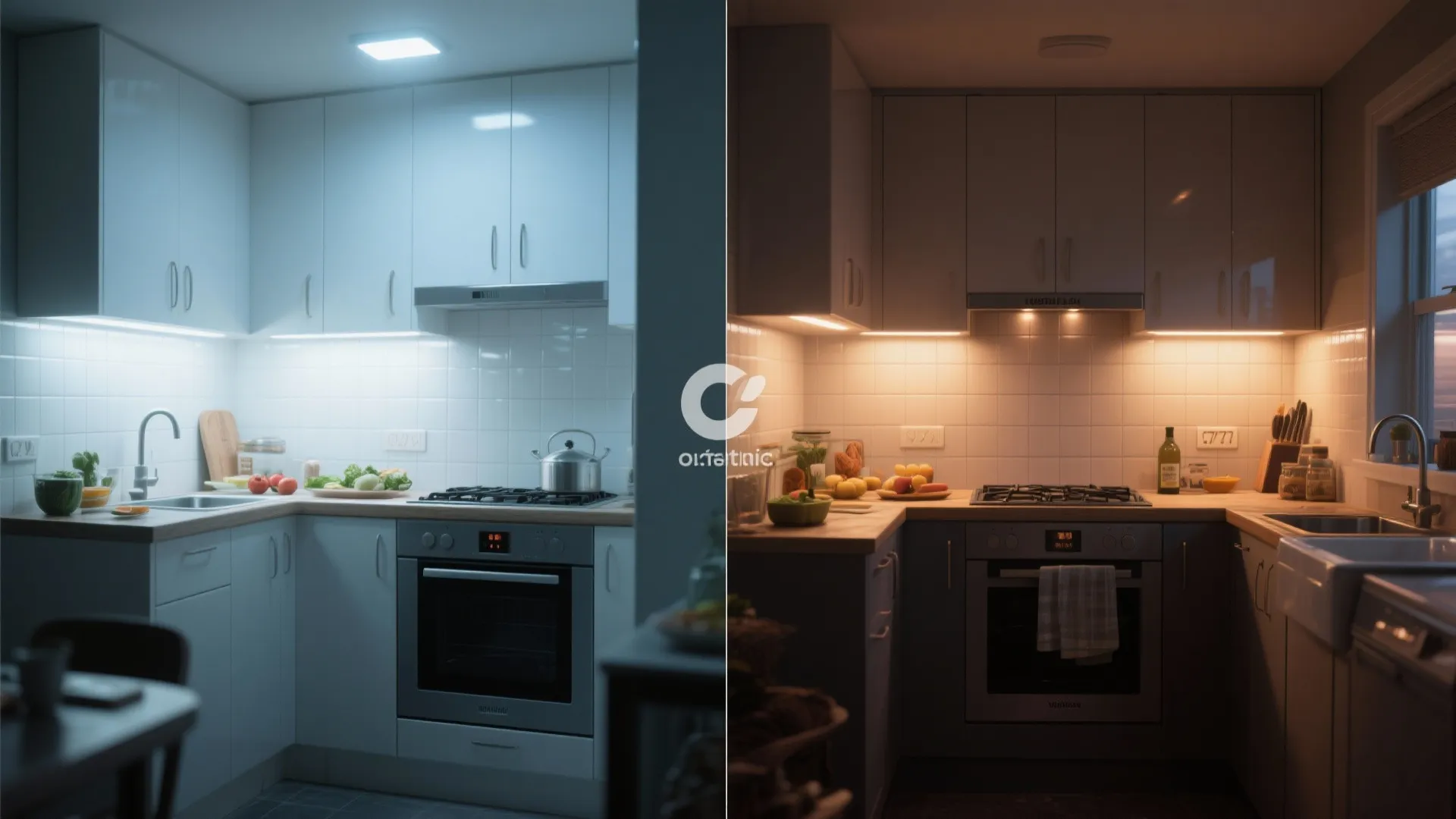 Side by side comparison of cool white versus warm yellow lighting in a modern kitchen