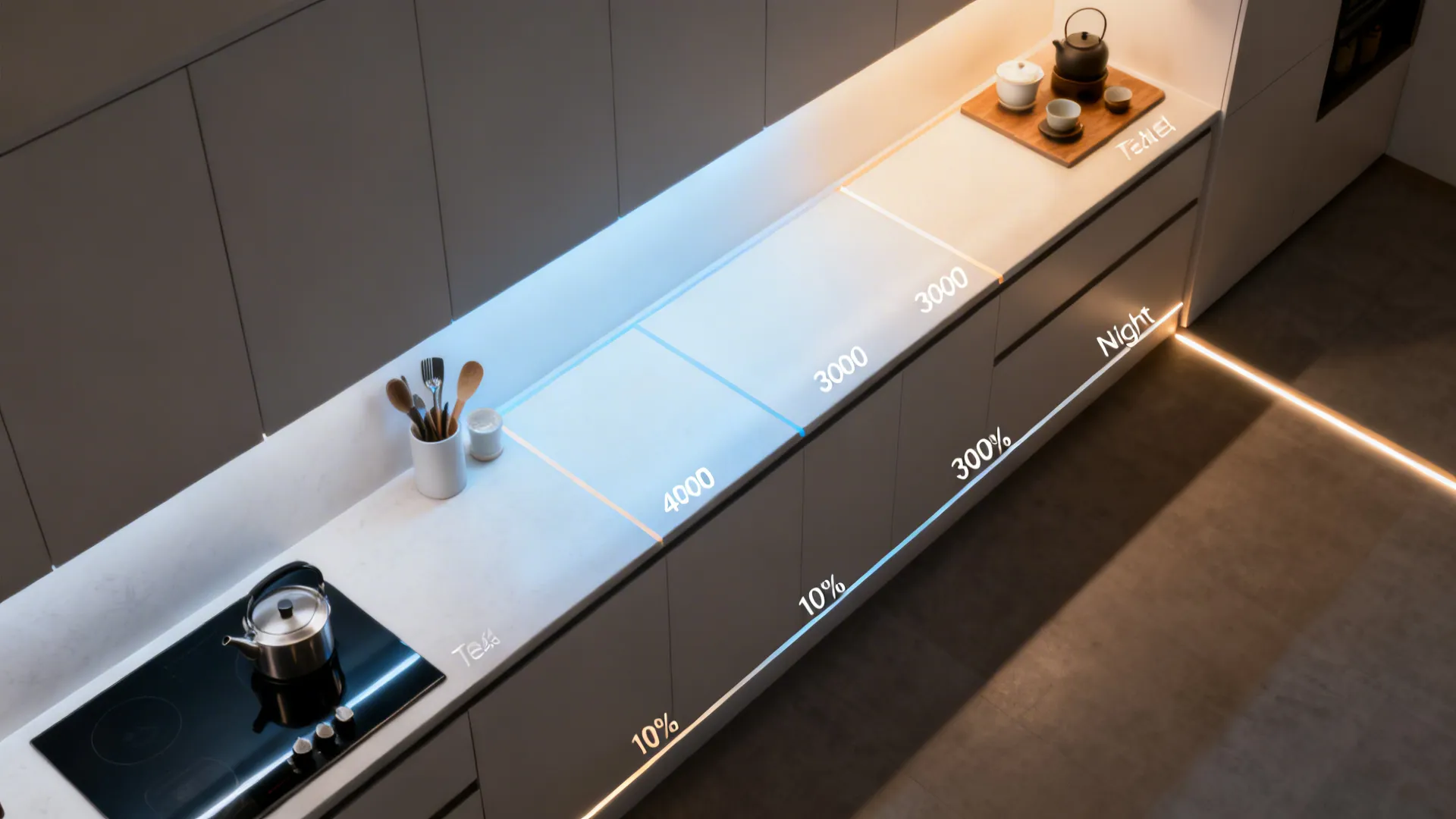 Top-down plan showing tunable under cabinet lighting zones for prep, tea nook, and night path.