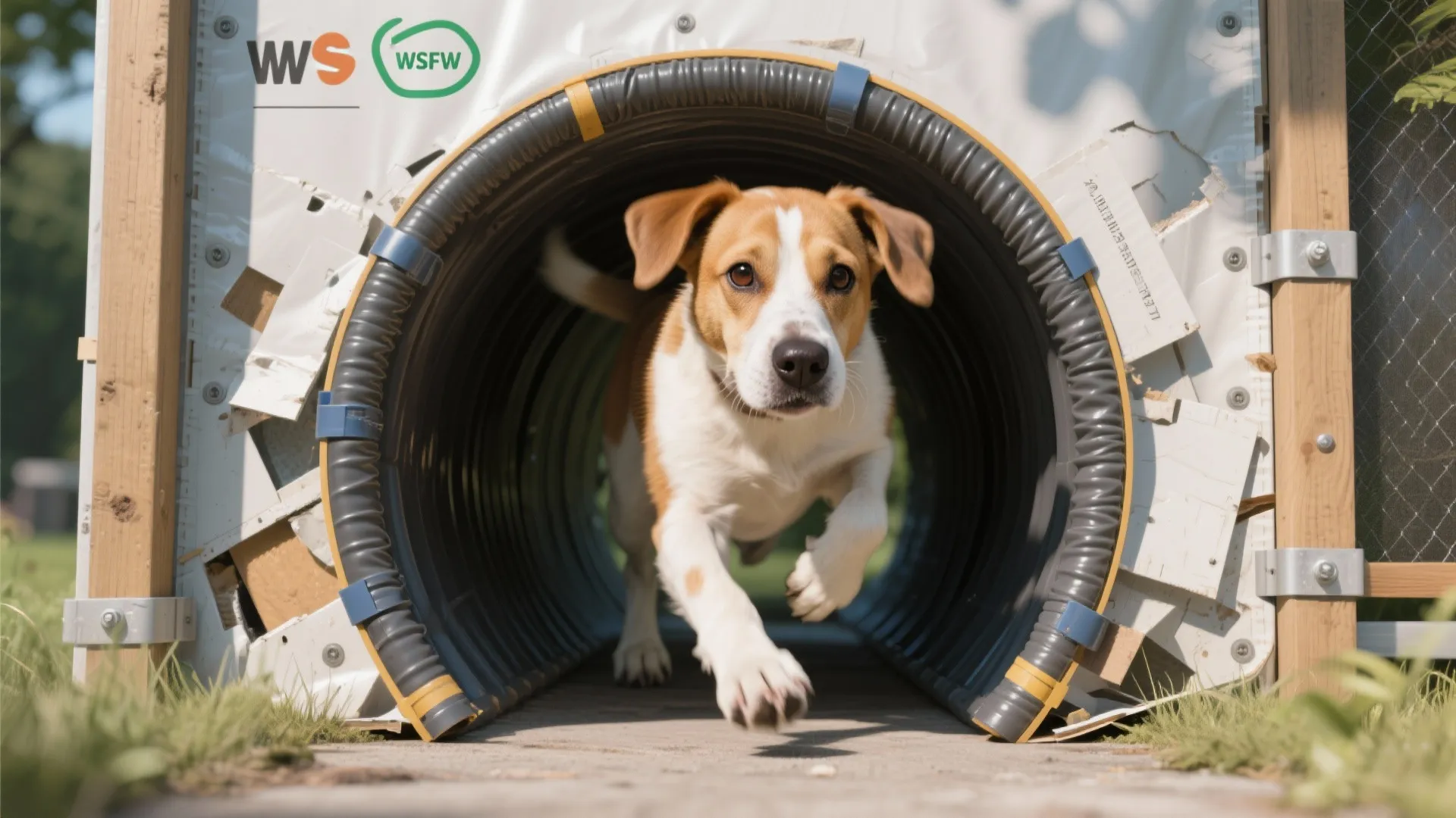 Medium-sized dog stepping through a vinyl tunnel mounted in a reinforced screen door frame with weatherstripping.